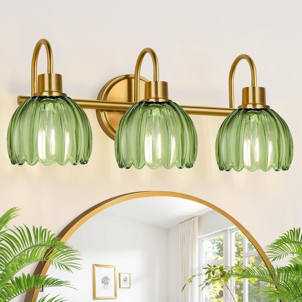 3-Light Brushed Gold Bathroom Vanity Light – Green Glass Shades